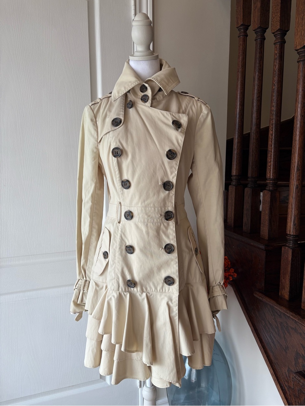 BEBE Vintage Double-Breasted Cream Ruffle Skirt Trench Coat